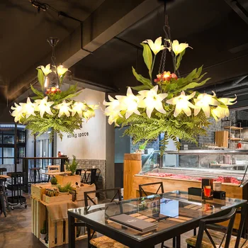 

Walnut plant flower lily chandelier led music restaurant bar decoration green flower modern simple Chandelier