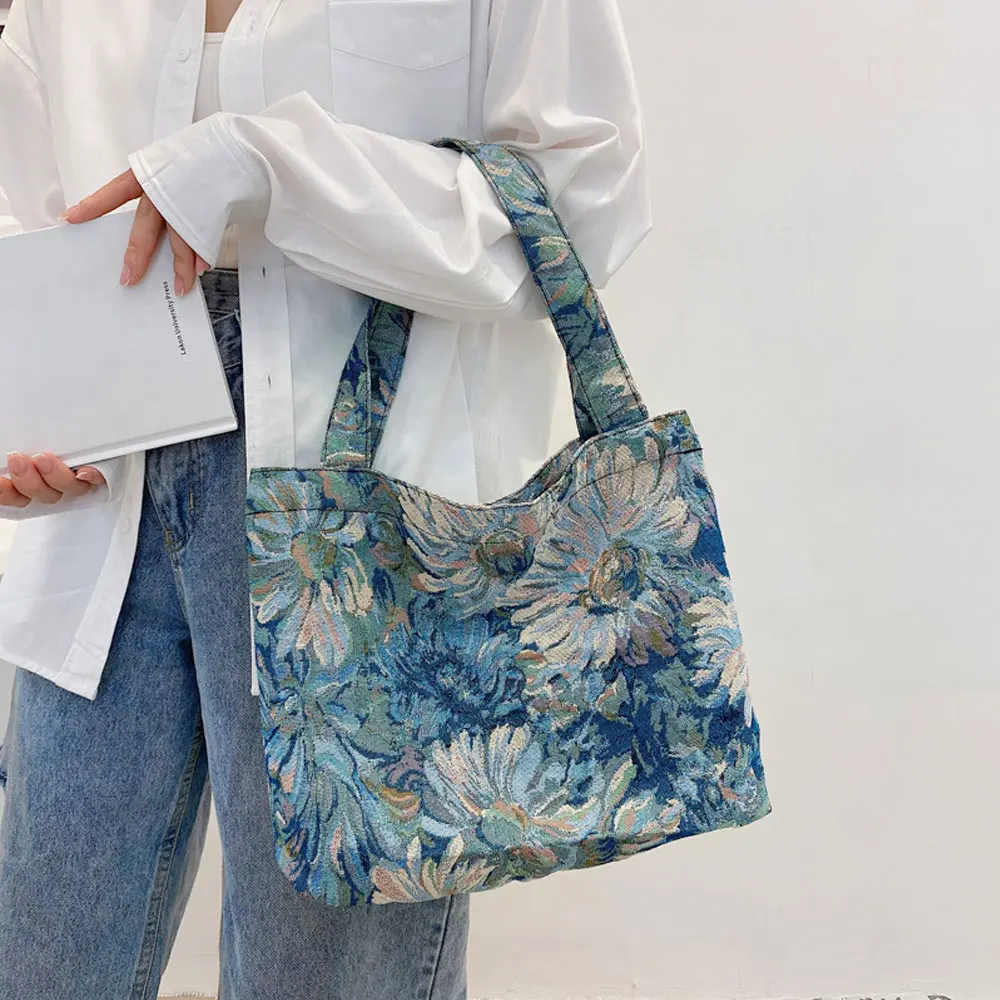 

Холщовые сумки на плечо для женщин, кружевные дамские сумочки с цветочным принтом в литературном стиле, повседневные тоуты для покупок, большой вместимости