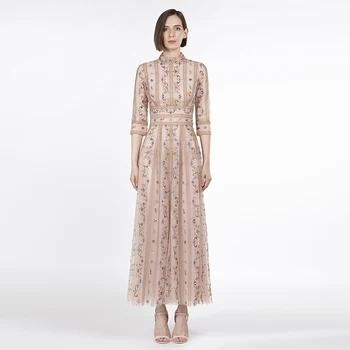 

Runway High Quality Elegant Mesh Lace Embroidery Dress Women Bohemian Embroidered Floral Flowers Maxi Long Sleeve Ukraine Dress
