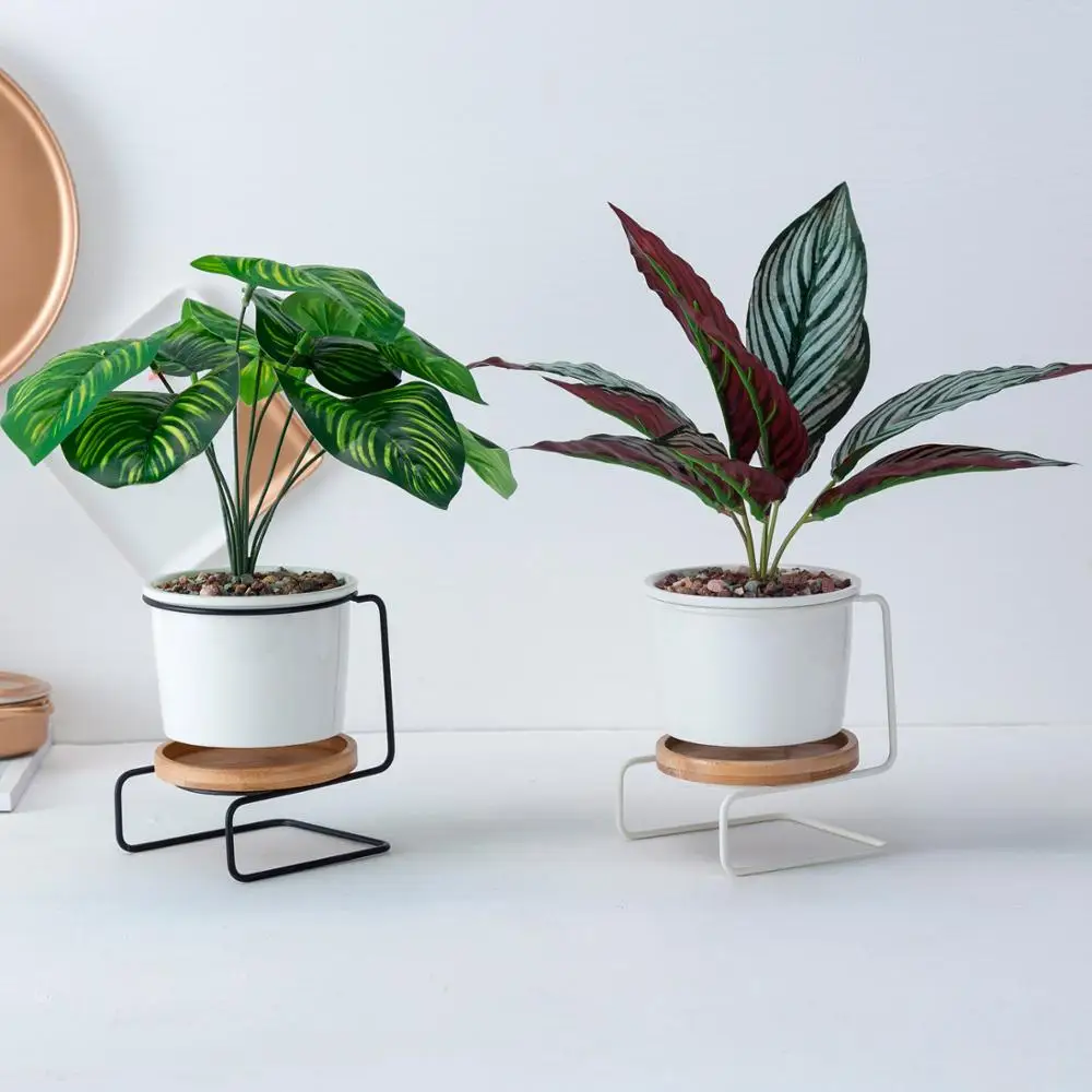 

Original Design Ceramic Flower Pots with Iron Metal Rack Bamboo Holder Planters for Succulent Plants Home Gardening Decoration