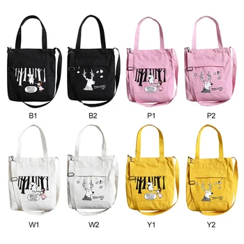 

Canvas Storage Bag Can Be One Shoulder Can Be Slanted Zipper Opening Cartoon Pattern Literary Versatile Travel Daily