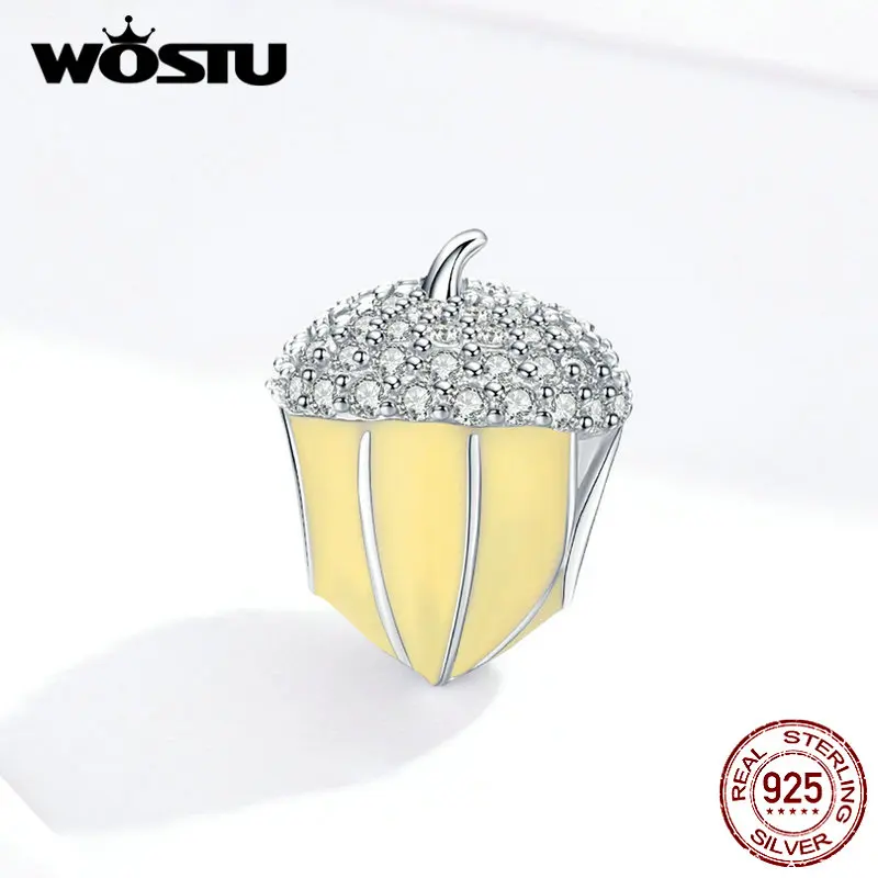 WOSTU, настоящее 925 пробы, серебряные бусинки шишки, желтые эмалированные подвески, подходят к оригинальному браслету, амулеты из серебра 925, ювелирные изделия CQC1319