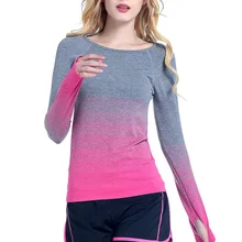 Женская рубашка, топы для йоги, быстросохнущая футболка для фитнеса, впитывающие пот тренажеры, спортивная одежда, градиентный цвет, вырез лодочкой, тренировка, длинный рукав, тонкая