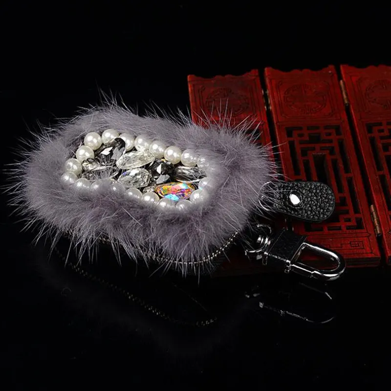 Fashion Leather Rhinestone Diamond Car Key Cover Key Case Universal Size Mink Plush Fur Car Key Holder Key Wallets Storage Bag