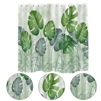 

1pc Waterproof Shower Curtain Leaf Pattern Bath Drapery (Light Green)