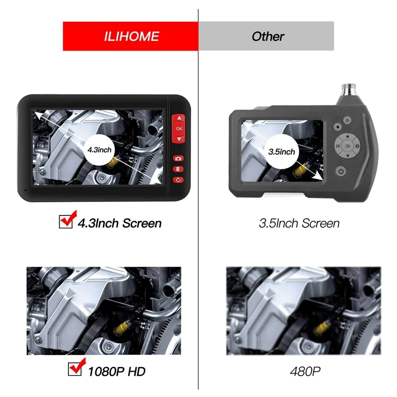  4.3 in Endoscopy Camera 1080P HD Color Screen 8Mm Endoscope Camera IP67 Waterproof 8 Adjustable LED