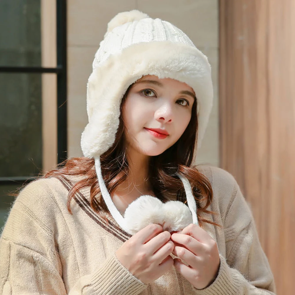 

Fashion Accessories Winter Warm Earflap Beanie Knitted Skull Cap with Pompom