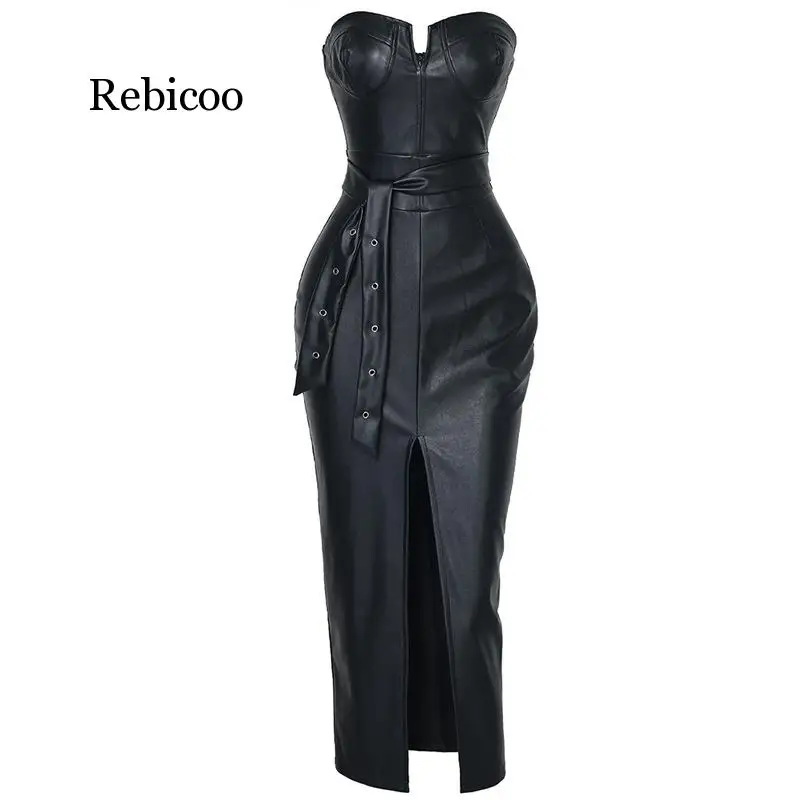 Sexy Backless Off Shoulder PU Leather Midi Dress Women High Split Black 