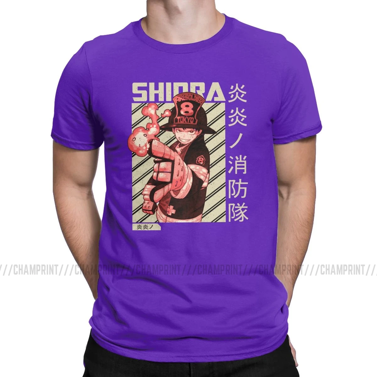 Мужские футболки Shinra Fire Force, аниме, модная футболка, короткий рукав, пожарный герой, футболки, вырез лодочкой, одежда, большой размер - Цвет: Фиолетовый
