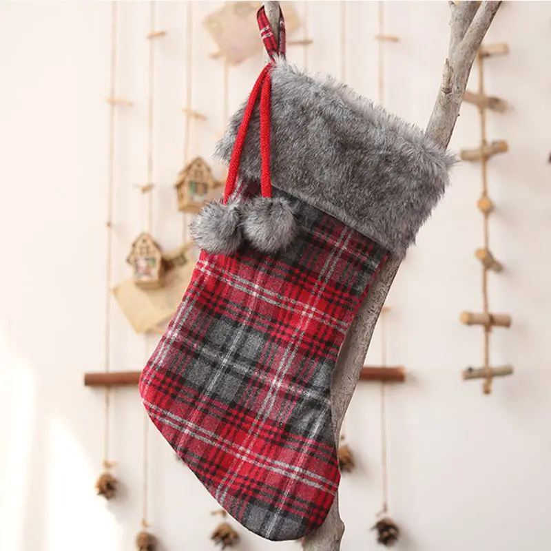

Christmas Stockings Gift Holders With Two Pom-Poms Xmas Tree Fireplace Hanging Ornaments Seasonal Decorations Plaid Design