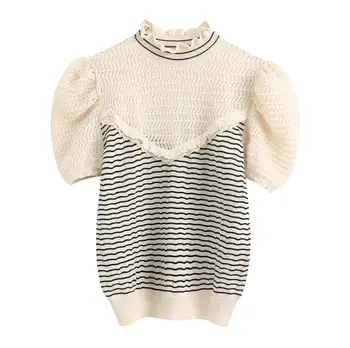 

Turtleneck Puff Sleeve Women Striped Splicing Knitting Sweater 2020 New Fashion Leisure Lady Pullover Loose Tops