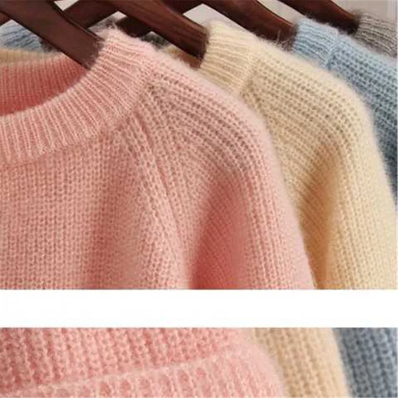 Корейский модный Женский вязаный свитер с длинным рукавом, однотонный пуловер с круглым вырезом и джемпер, свободный свитер, осенне-зимний свитер