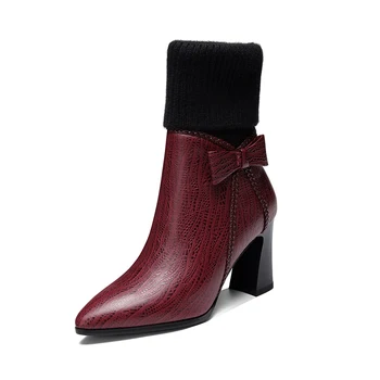 

High Heels Women Ankle Boots Genuine Leather knitting Autumn Winter Shoes Woman Elegant bowties Chelsea Boots