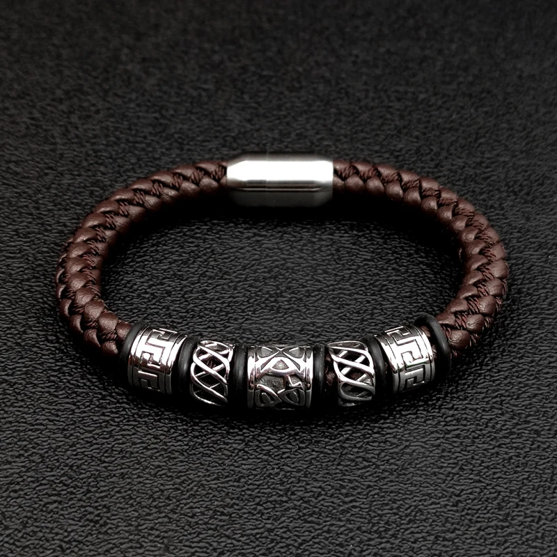 Punk Style Coffee Leather Bracelet 316L Stainless Steel 5 Viking Bead Bracelet Powerful Magnet Clasp 4 Color Friend Gifts - Image 5