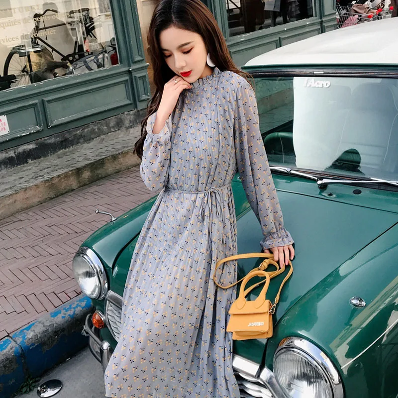

2 Layers Ladies Chiffon Dress Stand Collar Lace Up Print Midi Pleated Korean Dress Womens 2XL Plus Size Autumn Dress Vestidos