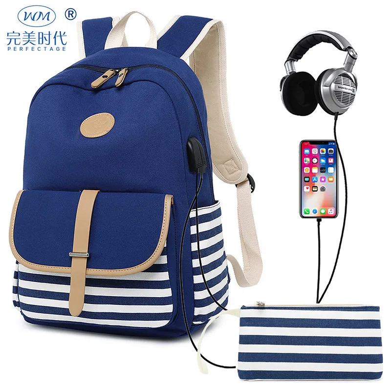

New Style Harajuku Computer Backpack Korean-style Canvas Backpack Women's Navy Stripes Middle School Students School Bag