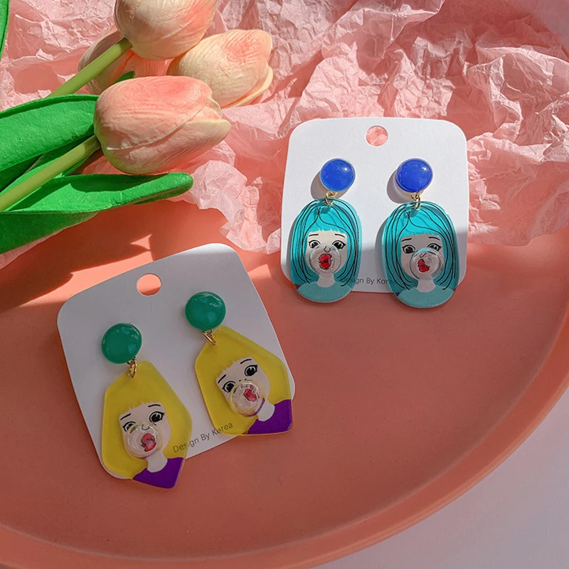 2021 Korean Fashion Geometric Funny Blowing Bubble Temperament Drop Earrings For Women Acrylic Cute Girls Trip Jewelry Gifts