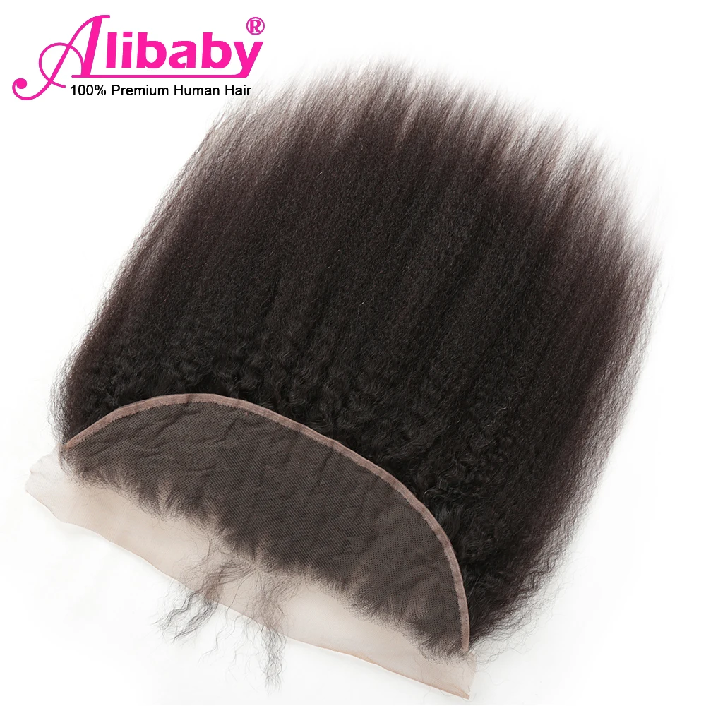 Alibaby кудрявые прямые волосы закрытие 8'-2" 13X4 уха до уха кружева лобовое Закрытие с волосами младенца Yaki человеческие волосы кружева Fronal