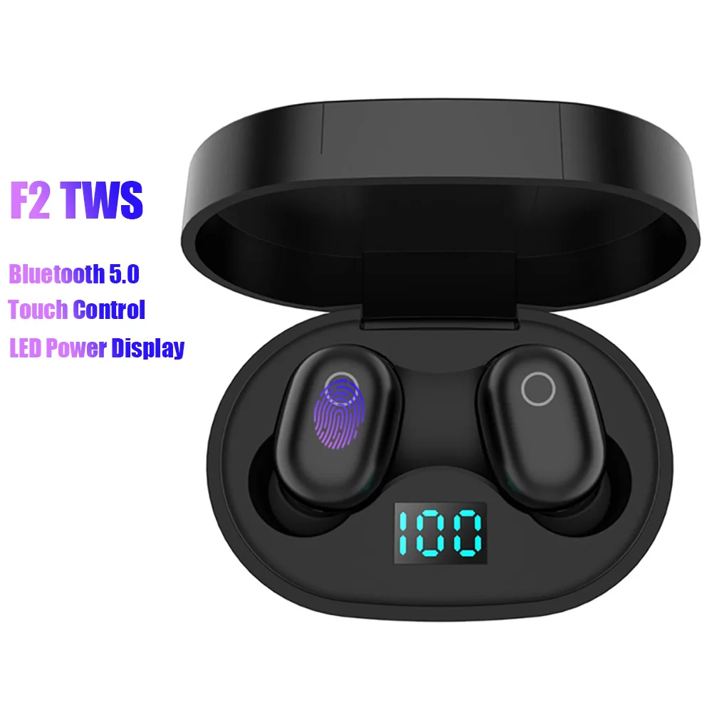 F2 tws Беспроводные bluetooth 5,0 дюйма наушники со светодиодный дисплеем Bluetooth беспроводные наушники стерео Спортивная Музыкальная гарнитура зарядная коробка - Цвет: F2 1 black