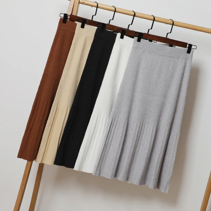 9 Colors Women's Skirts Autumn Winter Solid Elastic Waist Knitted Skirt Elegant Pleated Ruffles A-line Skirt Female Maxi Skirts