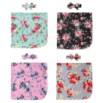 

2 Pcs/set Newborn Baby Gifts Bow-knot Hair Band Printed Blanket Infants Wrapped Towel Headband Set
