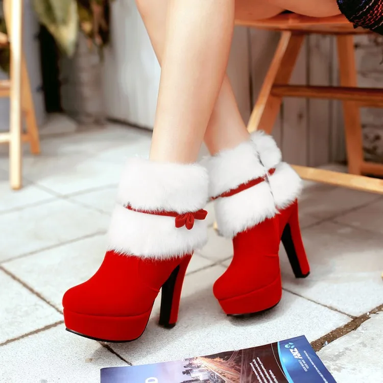 Зимние женские ботинки; рождественские ботильоны; женская обувь на высоком каблуке; женские теплые полусапожки; обувь красного и черного цвета; большие размеры 34-43