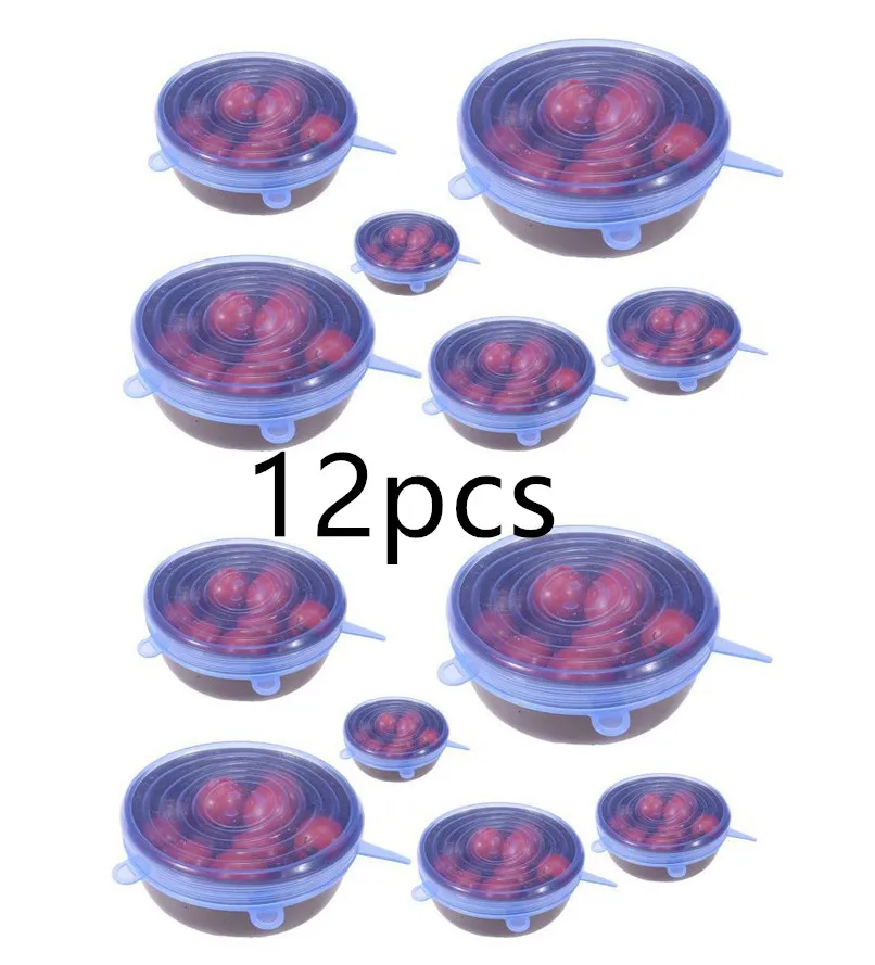 6/12pcs Silicone Stretch Lids Universal Lid Silicone Bowl Pot Lid Silicone Cover Pan Cooking Food Fresh Cover Microwave Cover - Цвет: 12Pcs blue