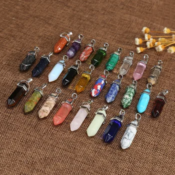 

2020 New Fashion DIY Natural Stone Crystal Bullet Head Hexagonal Column Necklace Pendant Leather Chains For Women & Men Jewelry