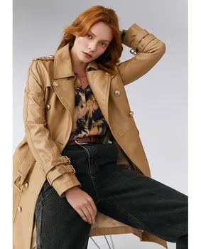 

High-grade Classic Double Breasted Genuine Leather Jacket Women Sheepskin Leather Coat Khaki Women's Slim Skin Windbreaker