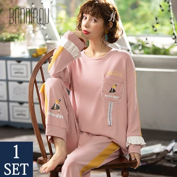 

BANNIROU Woman Cute Pajamas Set 100% Cotton Pyjamas Autumn Winter Suits Comfortable Sleepwear Sexy Female Home Clothes 2020 New