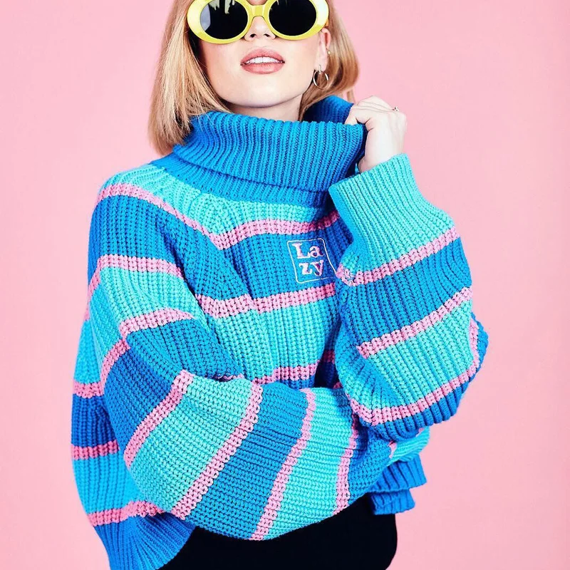 

Autumn/winter women's sweater knit LAZY letters embroidered with coloured stripes high collar lazy loose sweater women