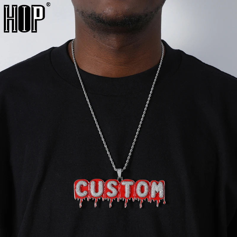 

Hip Hop Customized Name Red Water Drop Letters Cubic Zircon Iced Out Chain Pendants & Necklaces For Men Jewelry With Solid Back