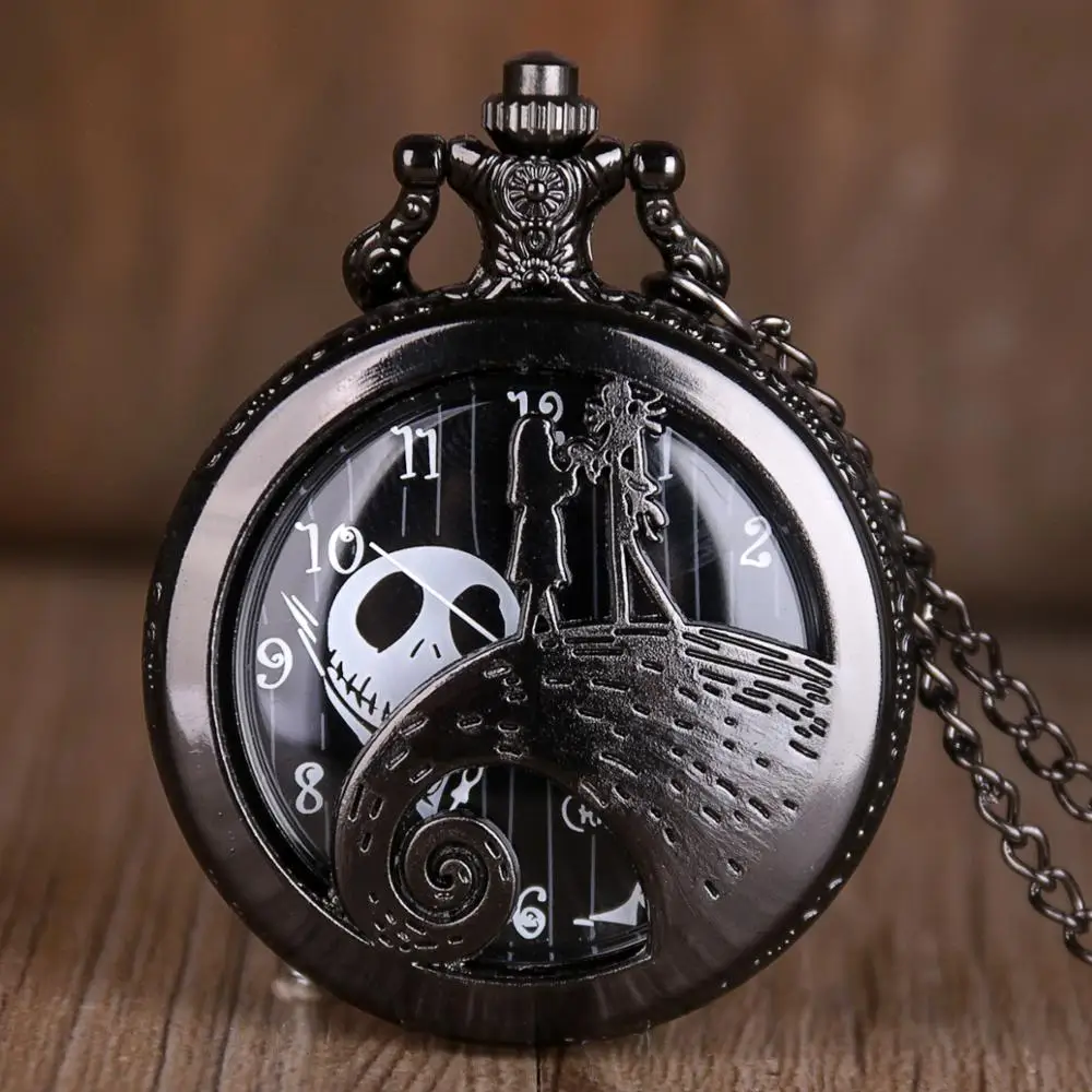 Кошмар перед Рождеством кварцевые старинные карманные часы черная сталь мужчины женщины кулон часы с ожерельем подарки Fob часы