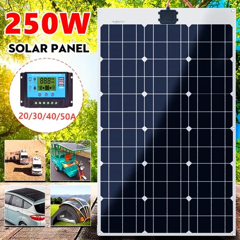 

New Waterproof 250W 18V-12V Flexible Monocrystalline Solar Panel Cell Module Kit for 12V/24V Car/Boat/RV Battery Charger