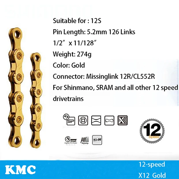 X12 gold KMC велосипедная цепь X8 X9 X9sl X10 X10sl X11SL X12 велосипедная цепь для Shimano/SRAM 8 9 10 11 12 Скоростей 116л MTB шоссейные велосипедные цепи часть - Цвет: X12 gold