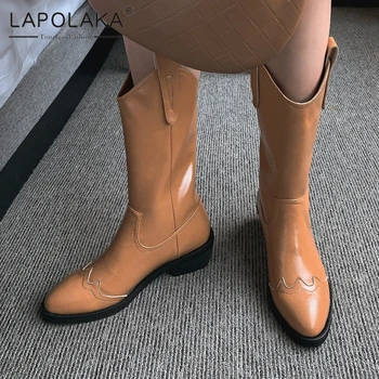 

Lapolaka 2020 New Fashion Slip-On Pointed Toe Mid Calf Boots Woman Shoes Thick Heels Add Fur Spring Autumn Women Boots Female