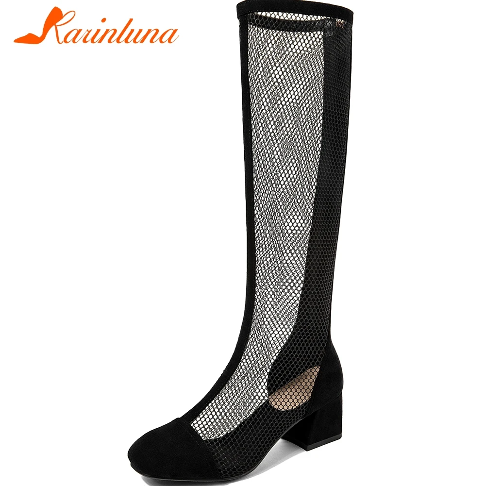 

Karinluna New Arrivals 2020 Mesh Square Heels Summer Boots Woman Shoes Zipper Comfortable Casual Mid Calf Boots Women Shoes