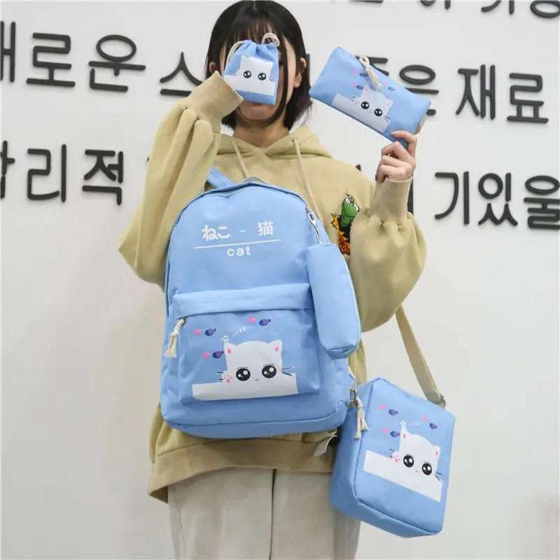 5pcs Adorable Cute Cat Print Canvas Women Girl Backpack Laptop Daypack Student School Shoulder Bag Bookbag Pencil Case Purse Set