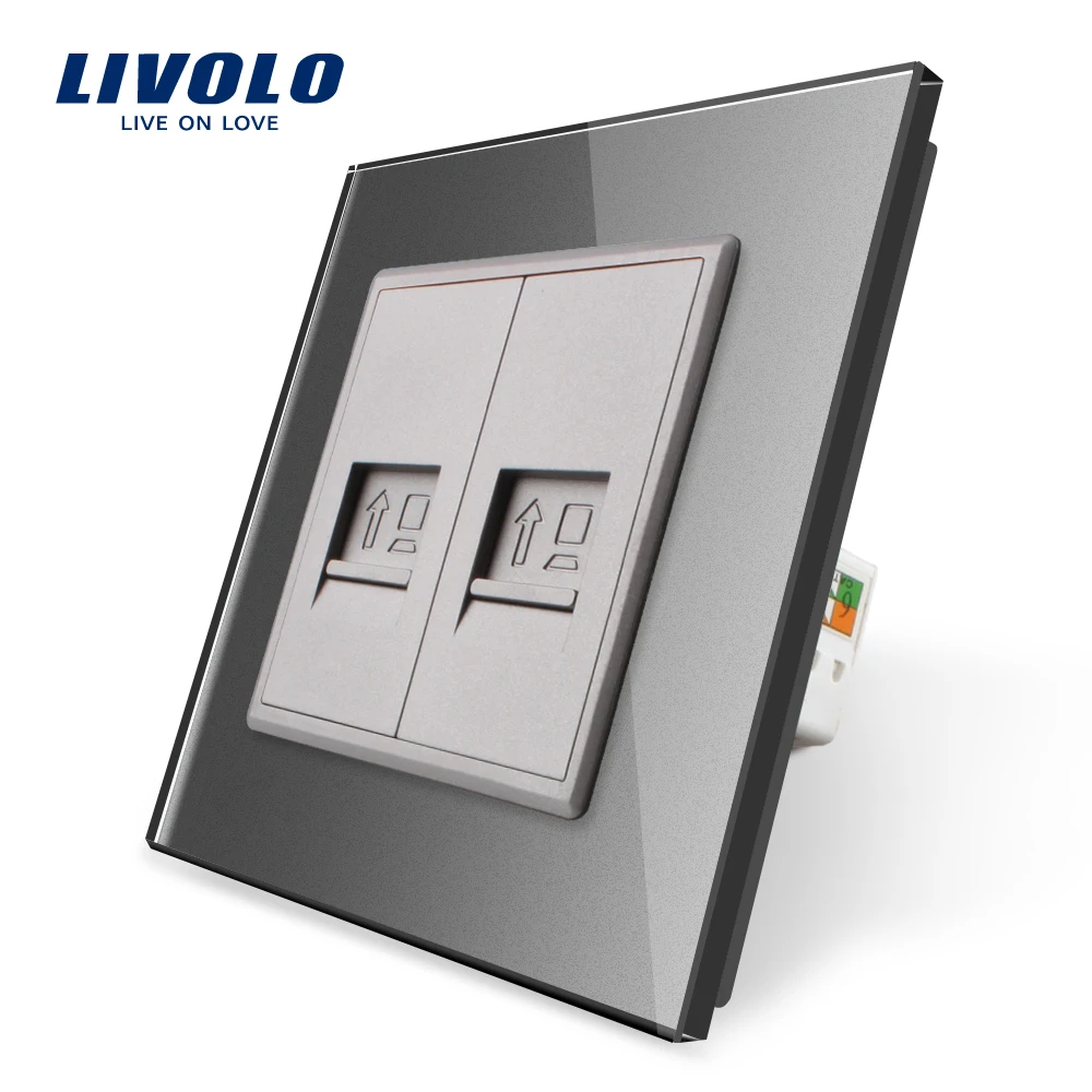 Painel de Vidro Tomada de Computador Plugues de Tel Tomada de Parede de tv Livolo Fabricação Cristal Cinza Satv Áudio Nenhum Logotipo Diy