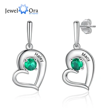

JewelOra Personalized Birthstone Tilted Heart Drop Earrings for Women Couple's Custom Name Engraved Stud Earrings Christmas Gift