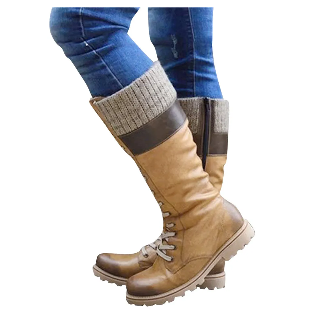 Обувь женские модные ботинки zapatos de mujer, женская кожаная теплая обувь на низком каблуке, на шнуровке, с круглым носком ковбойские рыцарские сапоги