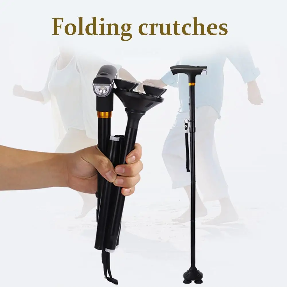 LED Light Walking Stick For Old Man Telescopic Folding Trekking Poles T-handle Hiking Poles Cane Walking Stick For Elders Crutch