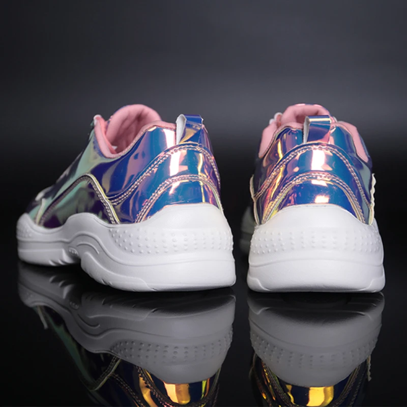 [DEAT] Round Toe Bandage Laser Pu Leather Casual Sport Single Wedges High Heels Shoes Women New Spring Autumn Fashion 10D866