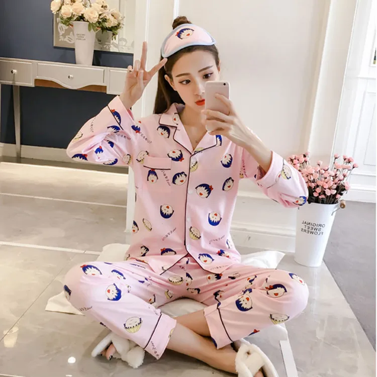 

Jun xin Pajamas Women's Spring And Autumn Sweet Thin Fold-down Collar Knit Cotton Pink Small Balls Cardigan Long Sleeve Tracksui