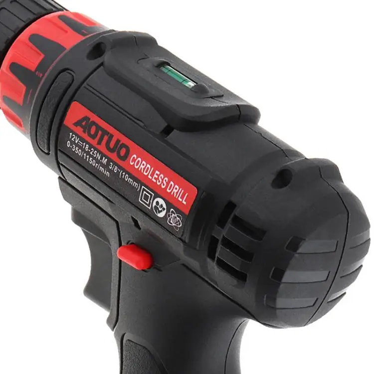AOTUO AC 100-240 V Беспроводная 12V Бытовая литиевая электрическая дрель с переключателем вращения и крутящим моментом для обработки винтов/штамповки