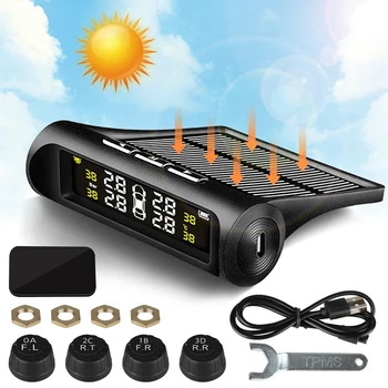

Wireless Solar Tpms Car Tire Pressure Temperature Monitoring System Lcd Color Sn with 4 External Sensors