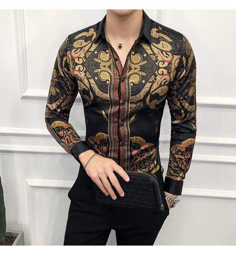 Модные новые Клубные рубашки Camisa с принтом для мужчин s корейские повседневные Атласные Рубашки Дизайнерская мужская футболка с цветами шелковые мужские