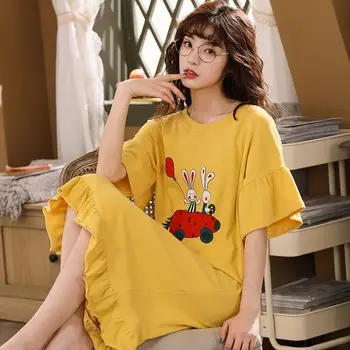 

100% Cotton Women Summer 2020 Nightgowns Short-sleeved Korean Loose Plus Size Nightshirt Female Cartoon Printing Night Dress