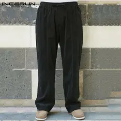 INCERUN, мужские одноцветные брюки-карго с эластичной резинкой на талии из хлопка и льна, модные повседневные Ретро джоггеры, мужские прямые