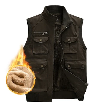 

Winter hooded multi-pocket men's wool sweater sweatshirt men's thick warm parka travel khaki sleeveless vest